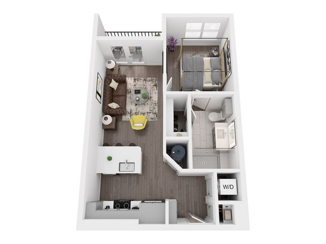 A1 one bedroom floor plan, 610 sq ft, with balcony, kitchen island, walk-in shower, in-unit washer and dryer, walk-in closet
