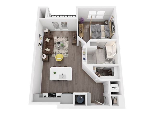 A2 one bedroom floor plan, 718 sq ft, with balcony, kitchen island, walk-in shower, walk-in closet, in-unit washer and dryer