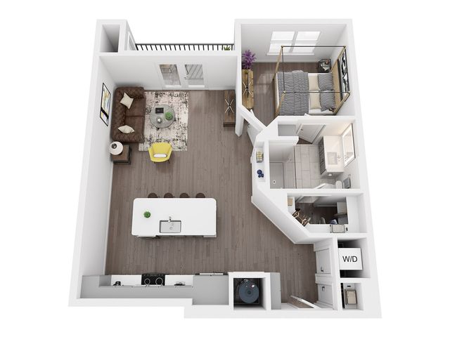 A2F one bedroom floor plan, 796 sq ft, with balcony, kitchen island, walk-in shower, walk-in closet, in-unit washer and dryer