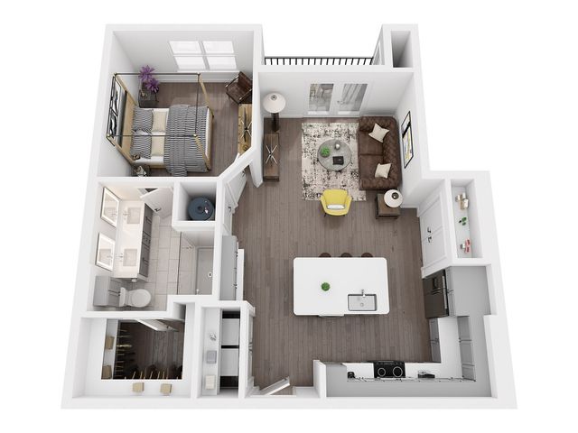 A3 one bedroom floor plan, 797 sq ft, with balcony, kitchen island, double vanity, walk-in shower, walk-in closet