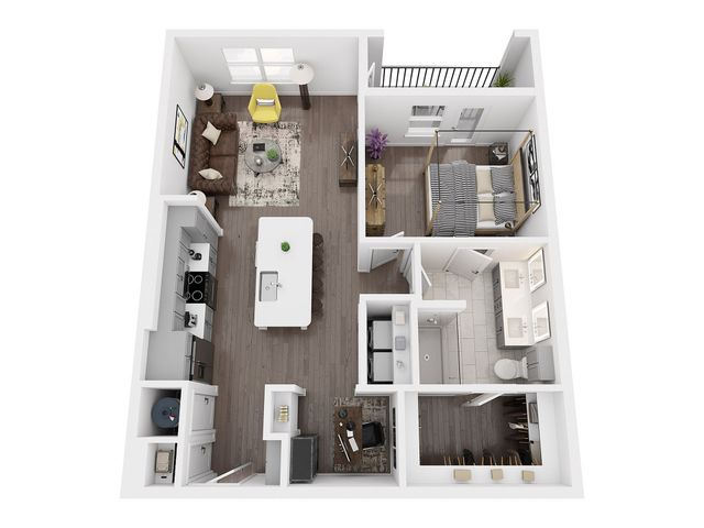 A4 one bedroom floor plan, 854 sq ft, with study nook, kitchen island, double vanity, walk-in closet, laundry room, balcony