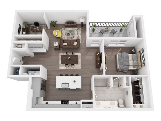 A5A one bedroom floor plan, 1,129 sq ft, with den, dining area, kitchen island, double vanity, walk-in closet, balcony