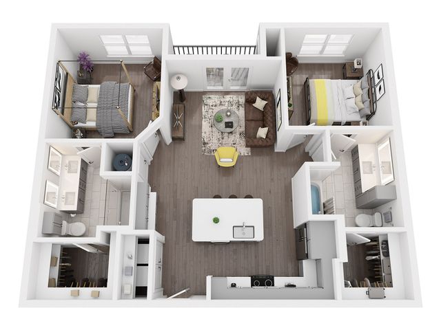 B1-HC two bedroom floor plan, 1,041 sq ft, with split bedrooms, kitchen island, two walk-in closets, double vanity, balcony