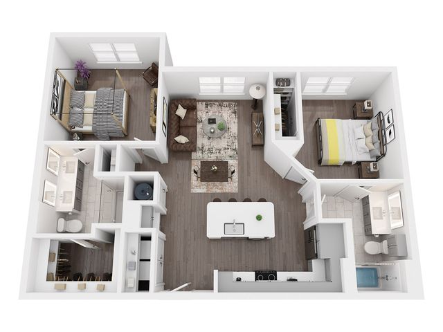 B2 two bedroom floor plan, 1,082 sq ft, with split bedrooms, dining area, kitchen island, double vanity, walk-in closet