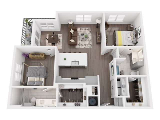 B3A two bedroom floor plan, 1,187 sq ft, with split bedrooms, kitchen island, two walk-in closets, double vanity, balcony