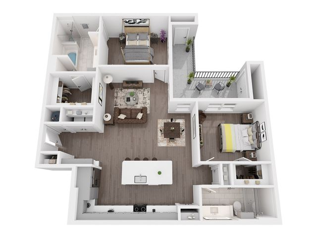 B4A two bedroom floor plan, 1,340 sq ft, with split bedrooms, kitchen island, dining area, two walk-in closets, balcony