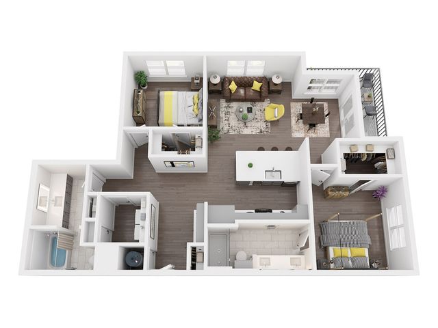 B5 two bedroom floor plan, 1,268 sq ft, with split bedrooms, kitchen island, dining area, double vanity, balcony