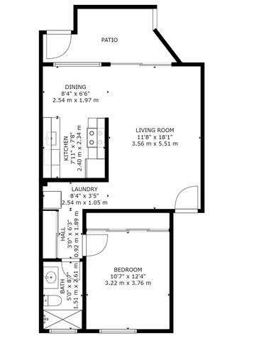 Charming floor plan featuring a bedroom, spacious living room, dining area, practical kitchen, laundry space, bathroom, and inviting patio.