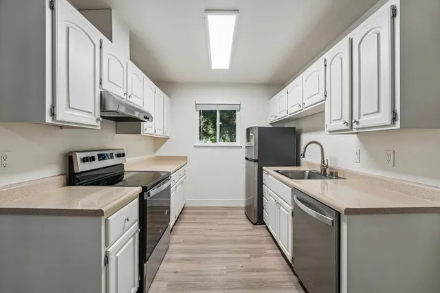 Modern kitchen with sleek stainless steel appliances, elegant white cabinetry, and natural light from a large window.