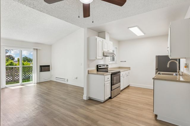 Bright and airy open-concept kitchen and living space with modern appliances and sliding glass door leading to a scenic balcony.