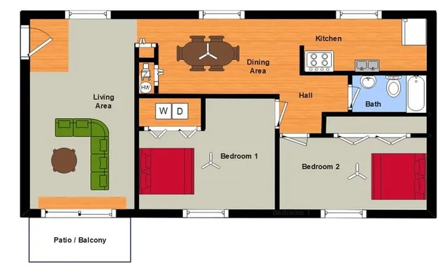 2 BR, 1 Ba w/WD Hook-ups Floorplan