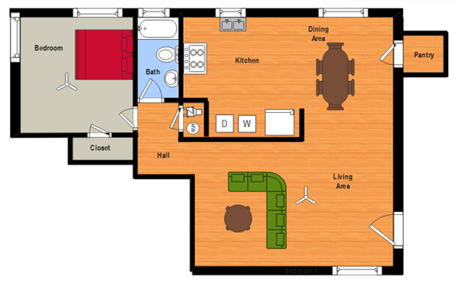 1 BR w/WD Hookups Floor Plan