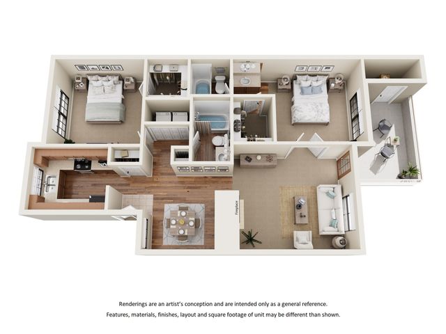 Charming 3D floor plan featuring 2 spacious bedrooms, elegant living room with fireplace, modern kitchen, and cozy balcony.