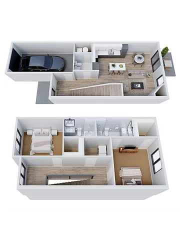 Modern duplex floor plan featuring 2 cozy bedrooms, spacious open-concept living area, sleek kitchen, and convenient garage space.