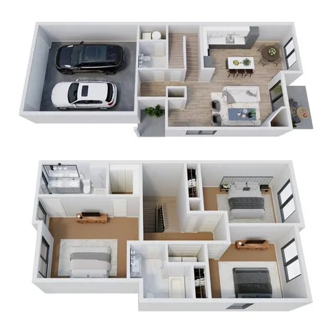 Modern two-story 3D floor plan featuring an elegant open-concept living area, sleek kitchen, two-car garage, three spacious bedrooms, and two stylish bathrooms.
