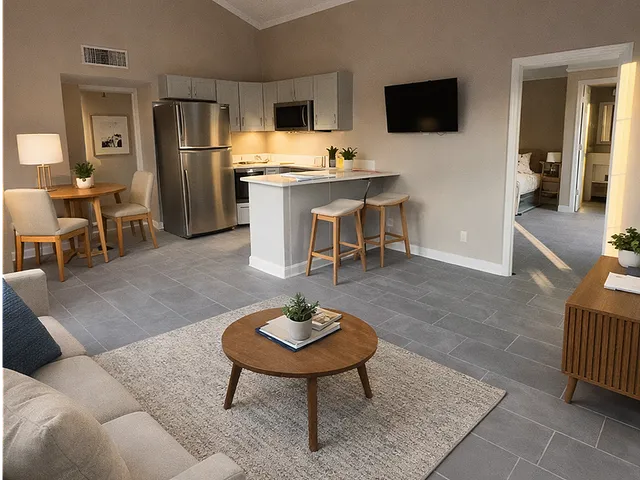 Modern open-concept living space with cozy seating area, sleek kitchen, and dining nook, perfect for entertaining and relaxation.