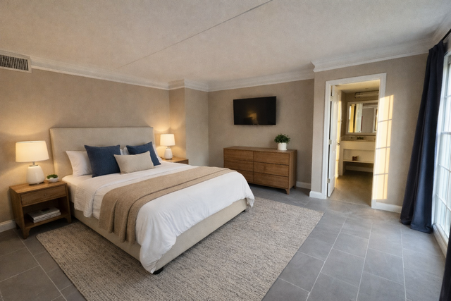 Elegant bedroom with a plush bed, cozy lighting, and modern decor. Large windows offer abundant natural light, complemented by a stylish dresser and a wall-mounted TV.