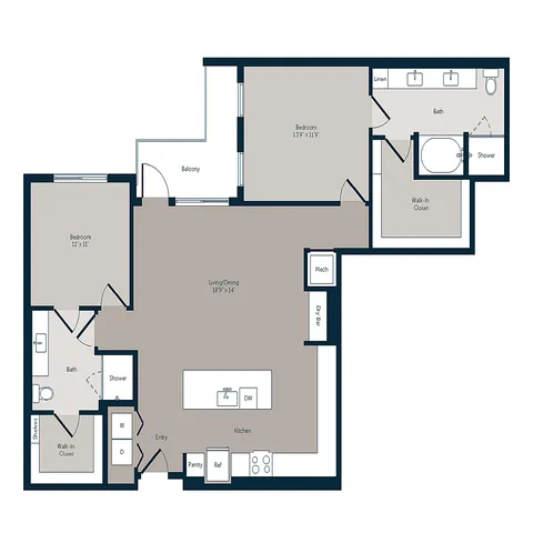 Modern floor plan featuring 2 bedrooms, open living/dining area, spacious kitchen with island, 2 baths, and a cozy balcony.