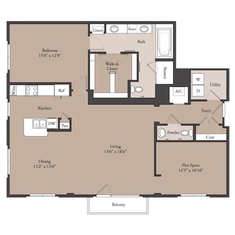The Brentwood 1x1 floor plan