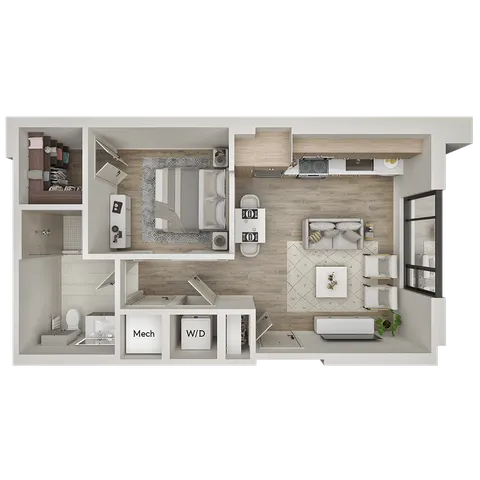 Modern floor plan showcasing a one-bedroom apartment with open-concept kitchen and living area, stylish bathroom, and convenient walk-in closet.