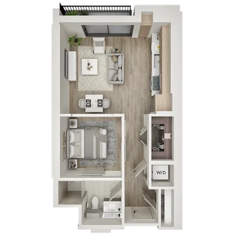 Contemporary 1-bedroom floor plan with open-concept living area, modern kitchen, and private balcony.