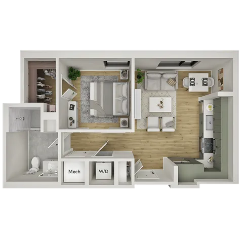 Modern 1-bedroom apartment floor plan with open-concept living area, sleek kitchen, and cozy dining space.