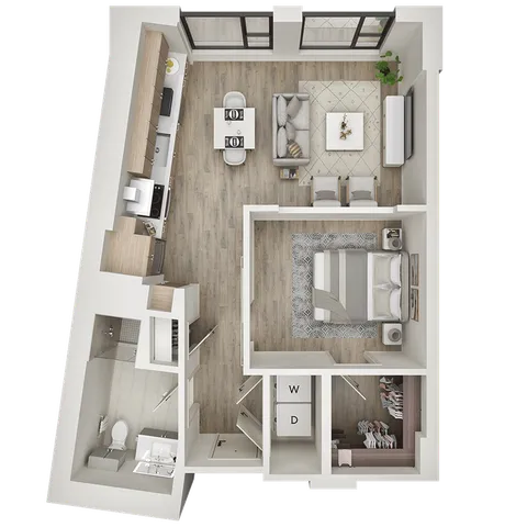 Modern one-bedroom apartment floor plan featuring open-concept kitchen and living area, spacious bathroom, and convenient laundry facilities.