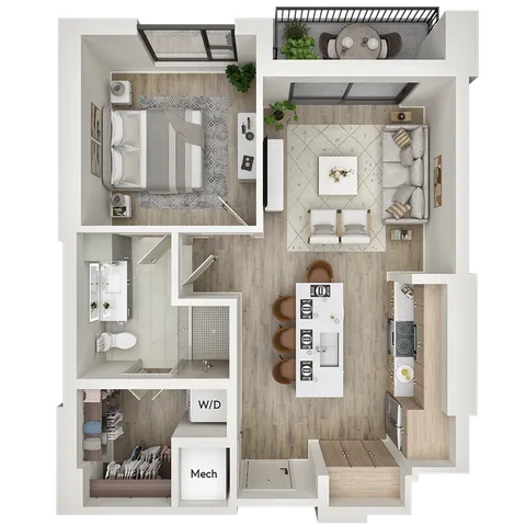 Contemporary floor plan showcasing a cozy one-bedroom apartment with a stylish open-concept living and dining area, modern kitchen, and private balcony.