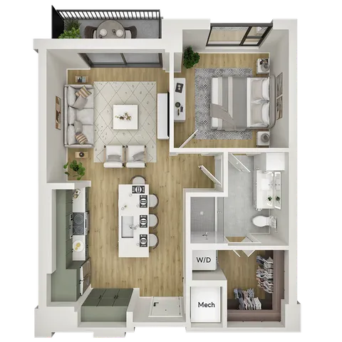 Modern 1-bedroom apartment floor plan showcasing an open-concept living and dining area, stylish kitchen with island seating, private balcony, and sleek bathroom design.