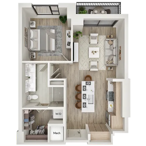 Contemporary 1-bedroom apartment floor plan featuring an open kitchen with island seating, cozy living area, stylish balcony, and modern bathroom.