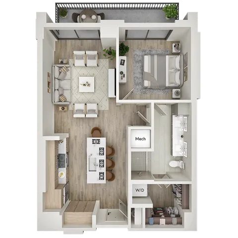 Modern floor plan showcasing a spacious bedroom, elegant living area with balcony access, sleek kitchen with island seating, and a stylish bathroom.