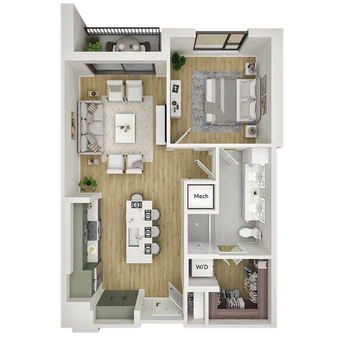 Modern apartment floor plan with open-concept living room, sleek kitchen with island, one cozy bedroom, and spacious bathroom. Features a private balcony and in-unit laundry.