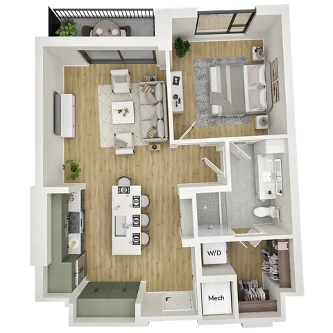 Modern 3D floor plan featuring a spacious bedroom, open-concept living and dining area, sleek kitchen with island, and a cozy balcony.