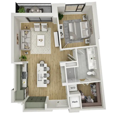 Modern and elegant one-bedroom apartment floor plan with open-concept living area, spacious kitchen island, luxurious bathroom, and private balcony space.