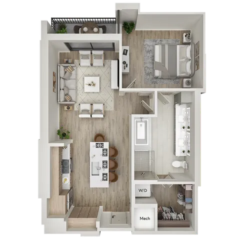 Chic 1-bedroom apartment floor plan with spacious living area, modern kitchen, and private balcony.