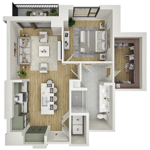 Chic 1-bedroom apartment floor plan with open living area, modern kitchen, spacious bathroom, and balcony.