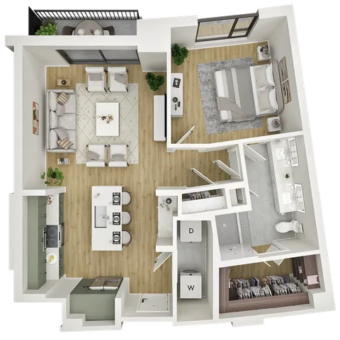 Modern floor plan showcasing a luxurious 1-bedroom apartment with open living area, sleek kitchen with bar seating, spacious bathroom, and private balcony.