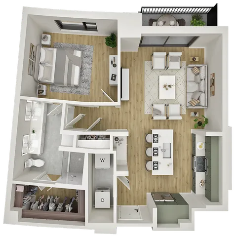 Modern apartment floor plan featuring a spacious bedroom, open-concept living area, sleek kitchen with island, luxurious bathroom, and private balcony.
