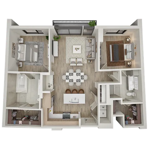 Modern 3D floor plan featuring two spacious bedrooms, open living area, elegant kitchen with island, and two bathrooms.