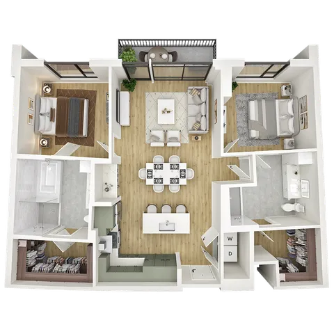 Modern 2D floor plan featuring 2 spacious bedrooms, a cozy living room, an open-concept kitchen, and a stylish balcony.