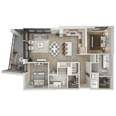 Modern 2D floor plan showcasing 2 bedrooms, sleek kitchen, and open-plan living area with balcony seating, perfect for stylish urban living.