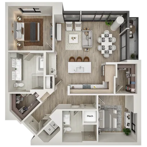 Luxurious 3D floor plan featuring two elegant bedrooms, spacious open-concept living area, modern kitchen with island seating, and floor-to-ceiling windows for natural light.