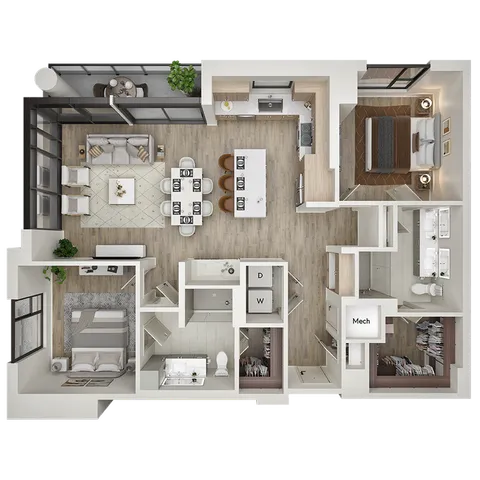 Elegant floor plan showcasing 2 spacious bedrooms, a stylish open-concept living and dining area, a modern kitchen with an island, and a private balcony.