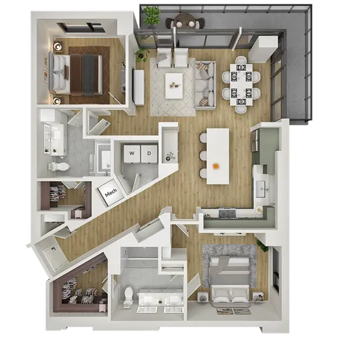 Modern floor plan showcasing two bedrooms, spacious open-concept living and dining area, sleek kitchen with an island, and two stylish bathrooms, complemented by a cozy balcony for outdoor enjoyment.