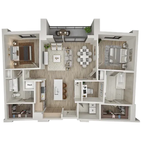 Modern 3D floor plan showcasing 2 bedrooms, open-concept living and dining area, sleek kitchen, and private balcony.