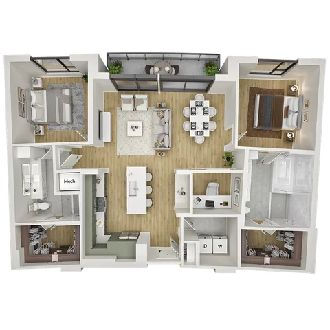 Contemporary 3D floor plan highlighting two bedrooms, open living space, modern kitchen, and balcony with seating area.