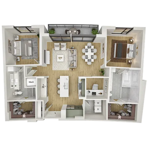 Modern 3D floor plan showcasing two spacious bedrooms, open-concept living and dining area, sleek kitchen with island, and a stylish balcony designed for comfort and elegance.