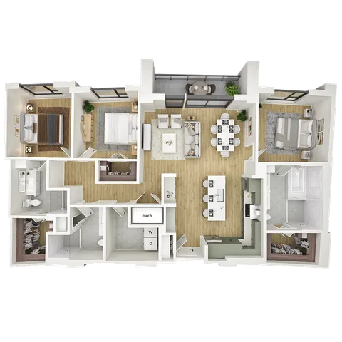 Contemporary apartment floor plan featuring 3 bedrooms, open living area, modern kitchen, and private balcony view.
