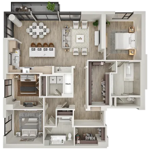 Modern floor plan featuring 3 bedrooms, spacious open-plan living and dining area, stylish kitchen with island seating, and large windows for natural light.