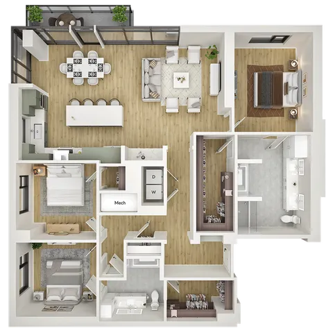 Elegant 3D floor plan showcasing a modern apartment with 3 bedrooms, open living and dining area, and a sleek kitchen, perfect for spacious living.